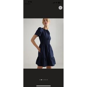NWT Quince Organic  Poplin Smocked Tiered Mini Dress Navy Sz M Elevated Casual